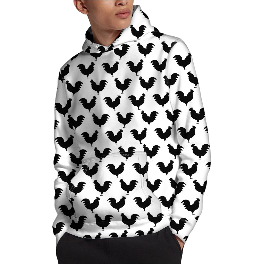 Black And White Rooster Pattern Print Pullover Hoodie