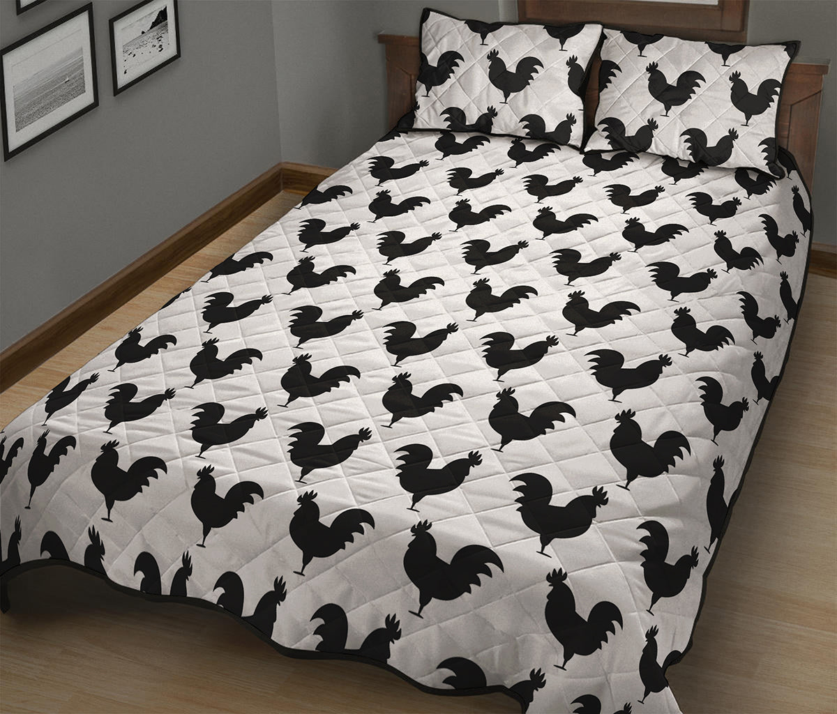 Black And White Rooster Pattern Print Quilt Bed Set