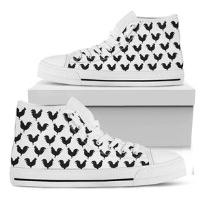 Black And White Rooster Pattern Print White High Top Shoes