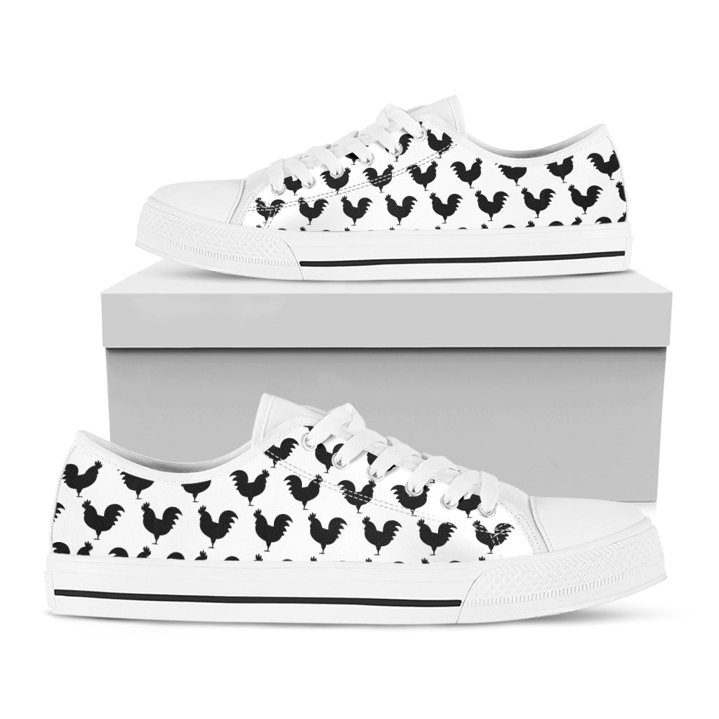 Black And White Rooster Pattern Print White Low Top Shoes