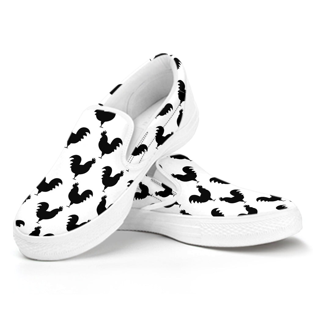 Black And White Rooster Pattern Print White Slip On Shoes