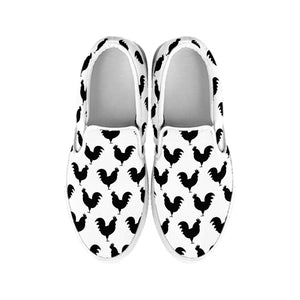 Black And White Rooster Pattern Print White Slip On Shoes