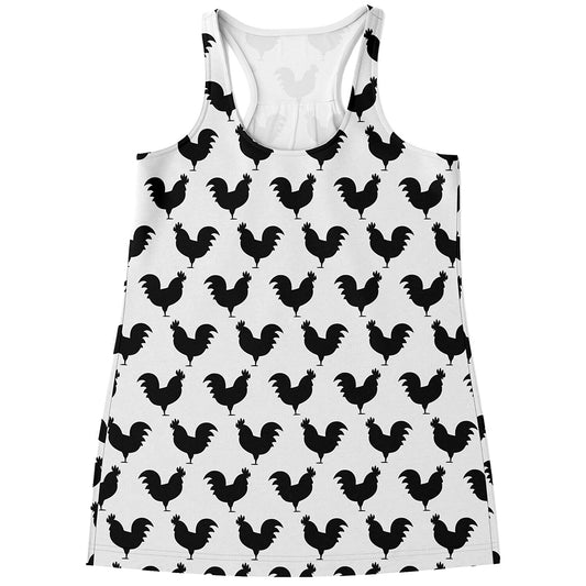 Black And White Rooster Pattern Print Women's Racerback Tank Top