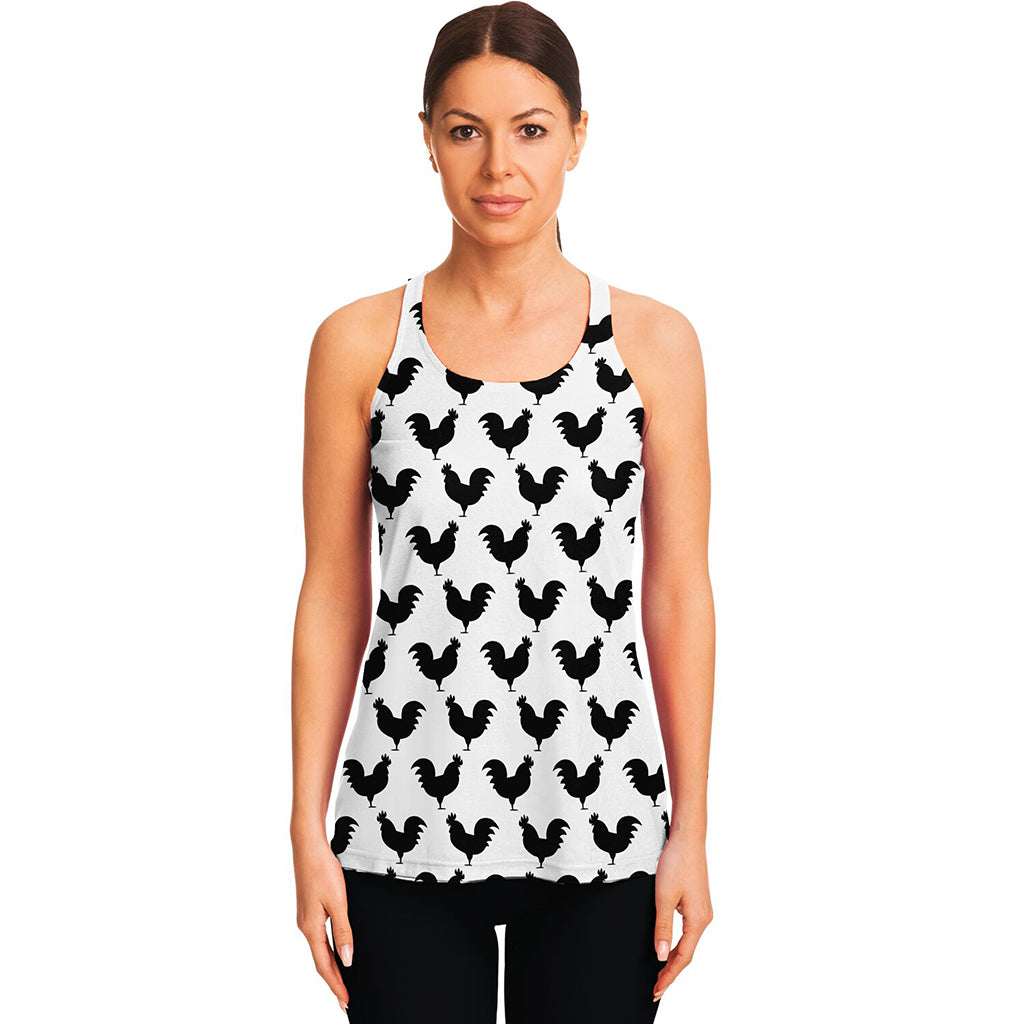 Black And White Rooster Pattern Print Women's Racerback Tank Top