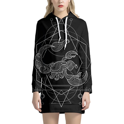 Black And White Scorpio Sign Print Pullover Hoodie Dress