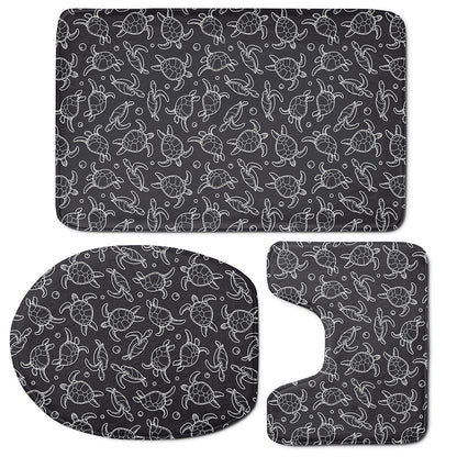 Black And White Sea Turtle Pattern Print 3 Piece Bath Mat Set