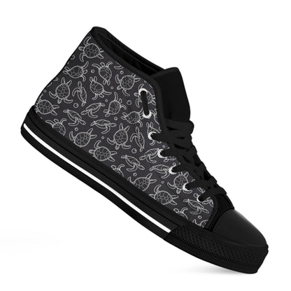Black And White Sea Turtle Pattern Print Black High Top Shoes
