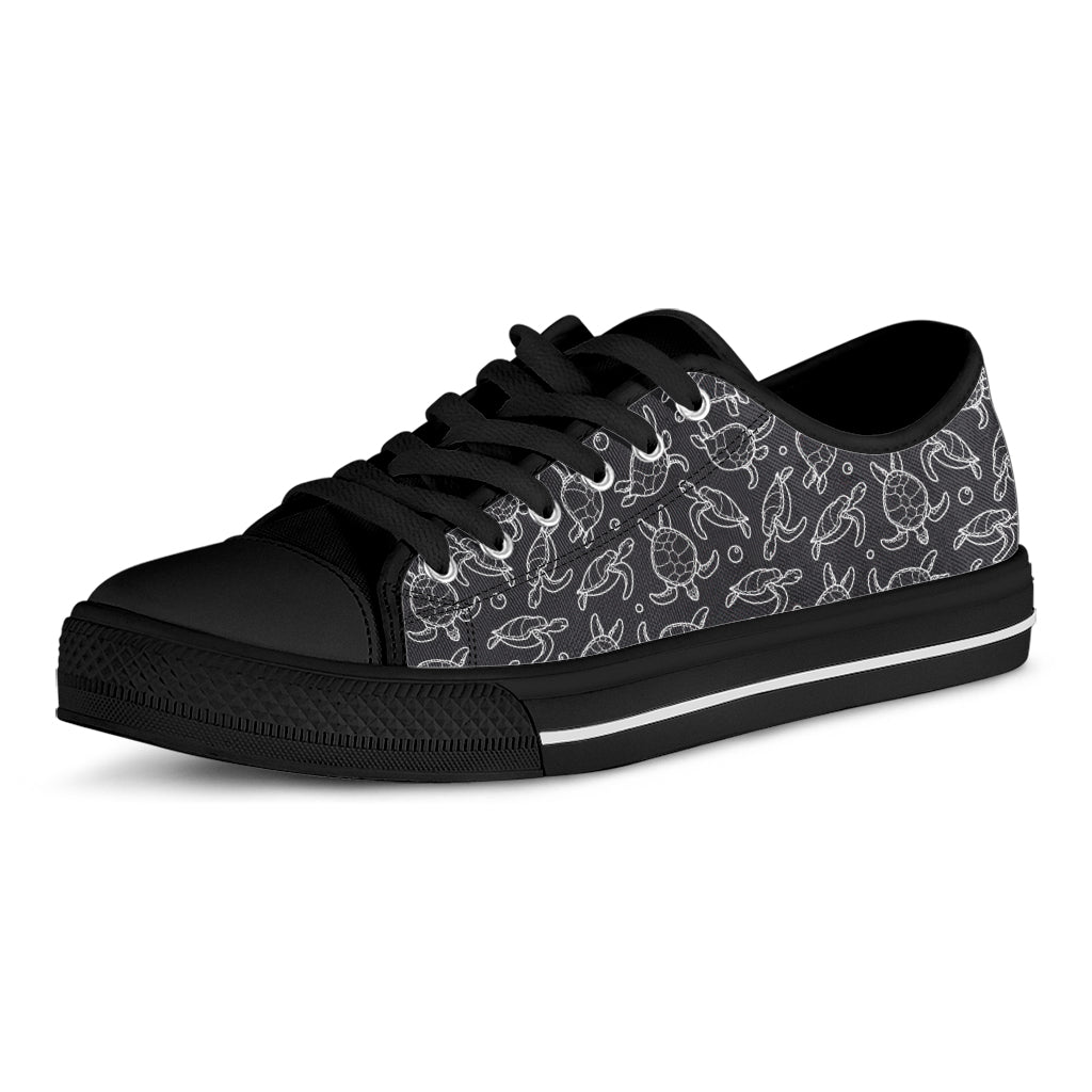 Black And White Sea Turtle Pattern Print Black Low Top Shoes