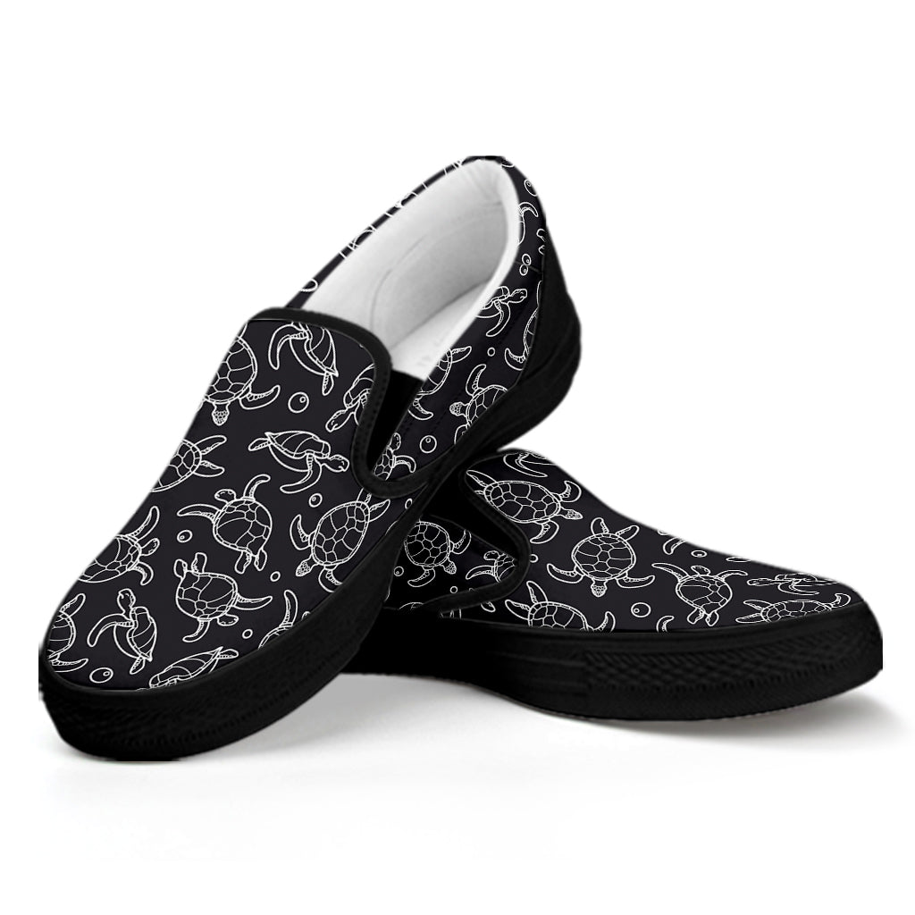 Black And White Sea Turtle Pattern Print Black Slip On Shoes