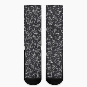 Black And White Sea Turtle Pattern Print Crew Socks