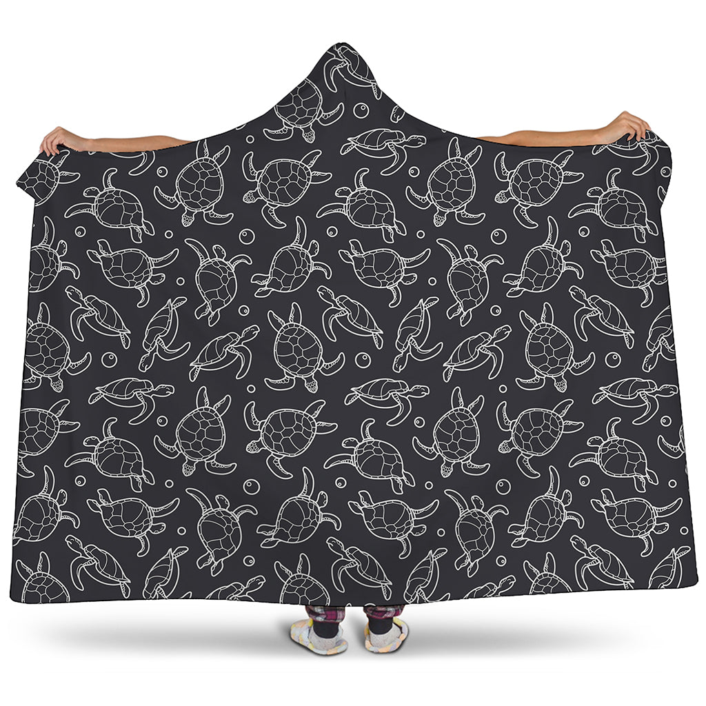 Black And White Sea Turtle Pattern Print Hooded Blanket
