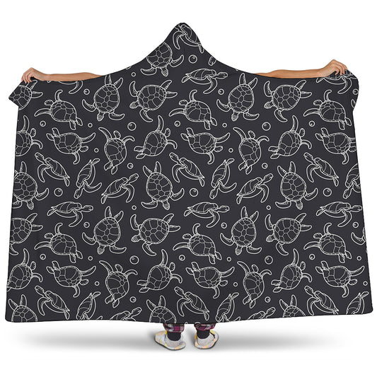 Black And White Sea Turtle Pattern Print Hooded Blanket