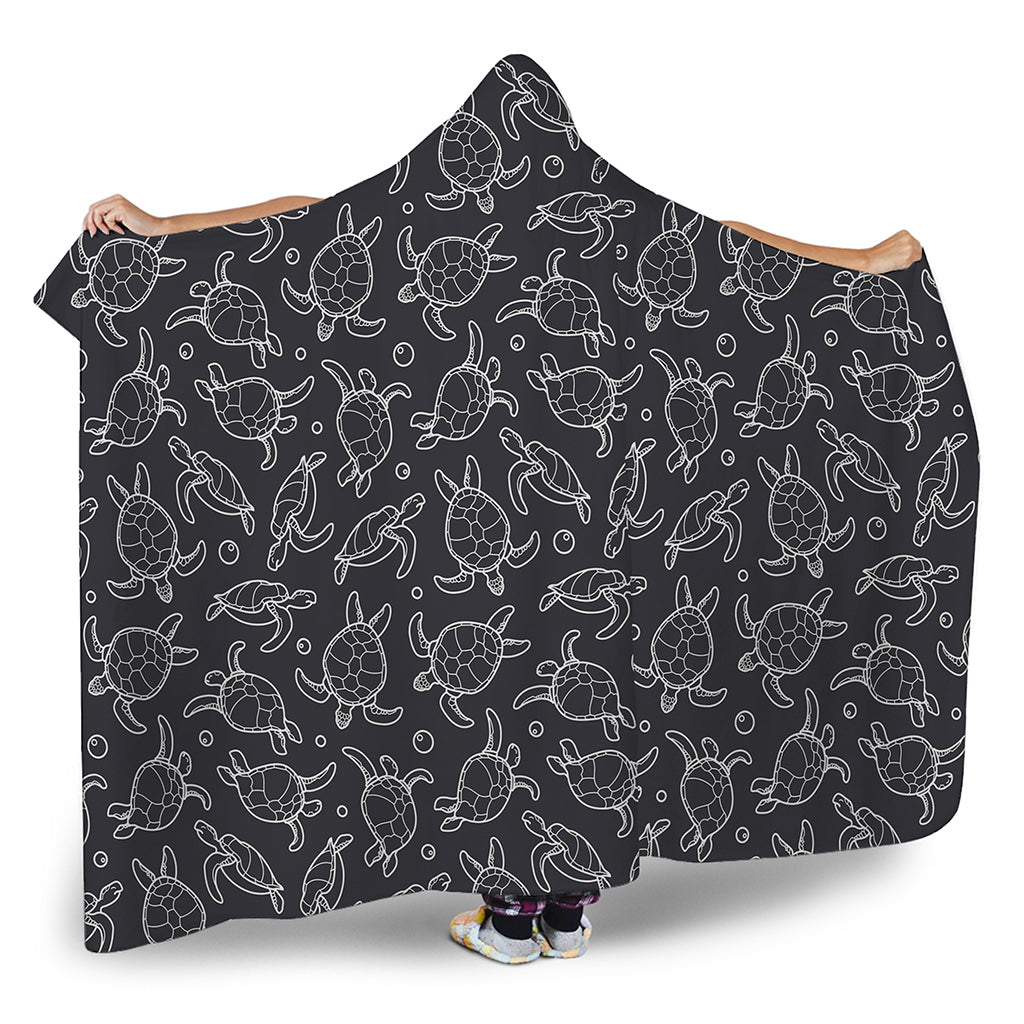 Black And White Sea Turtle Pattern Print Hooded Blanket