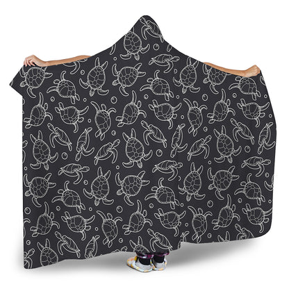 Black And White Sea Turtle Pattern Print Hooded Blanket