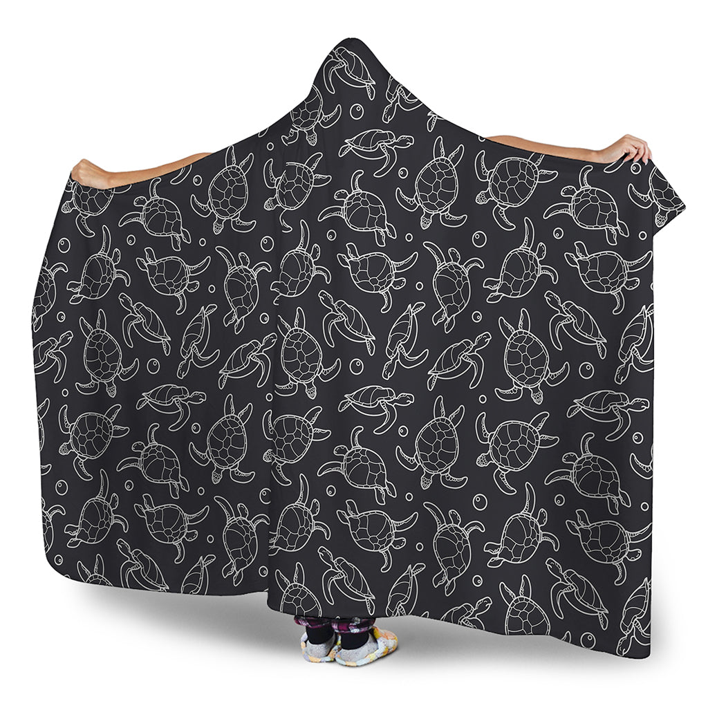 Black And White Sea Turtle Pattern Print Hooded Blanket