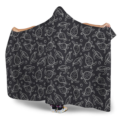 Black And White Sea Turtle Pattern Print Hooded Blanket