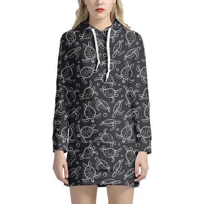 Black And White Sea Turtle Pattern Print Hoodie Dress