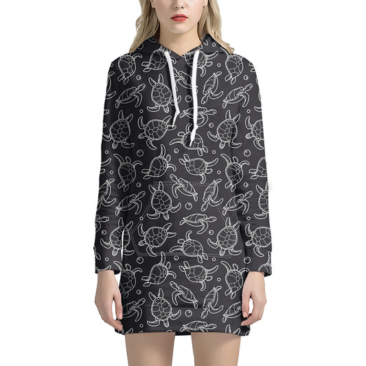 Black And White Sea Turtle Pattern Print Hoodie Dress