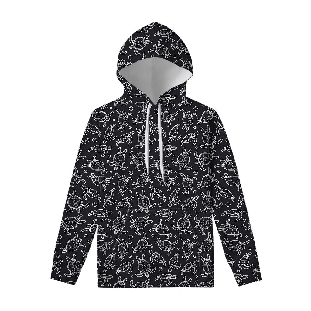 Black And White Sea Turtle Pattern Print Pullover Hoodie