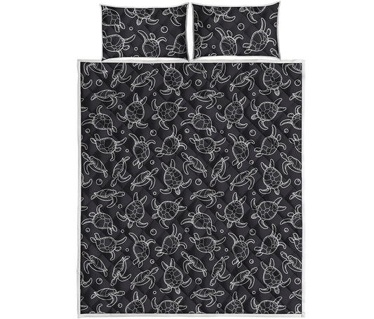 Black And White Sea Turtle Pattern Print Quilt Bed Set