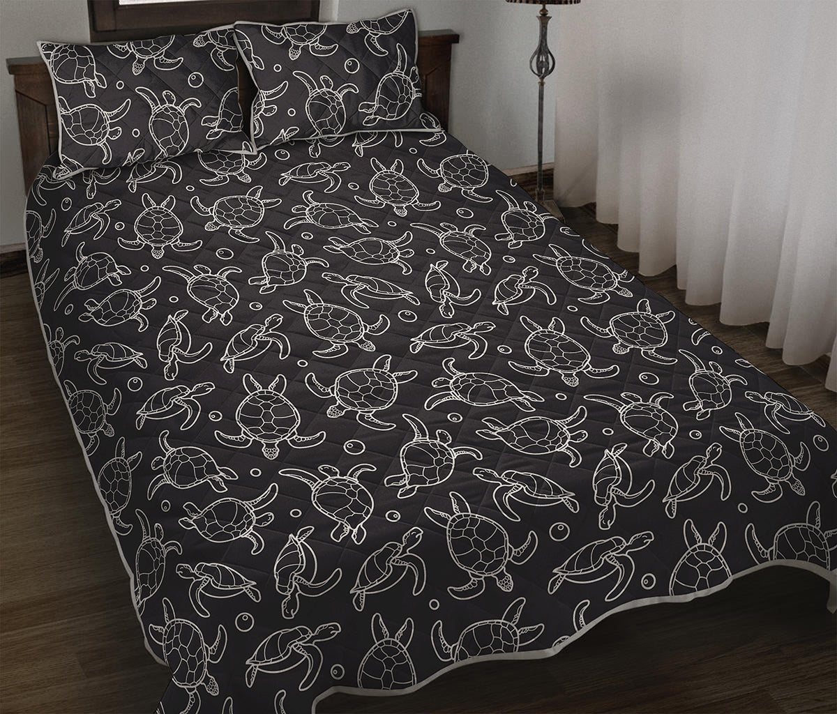 Black And White Sea Turtle Pattern Print Quilt Bed Set