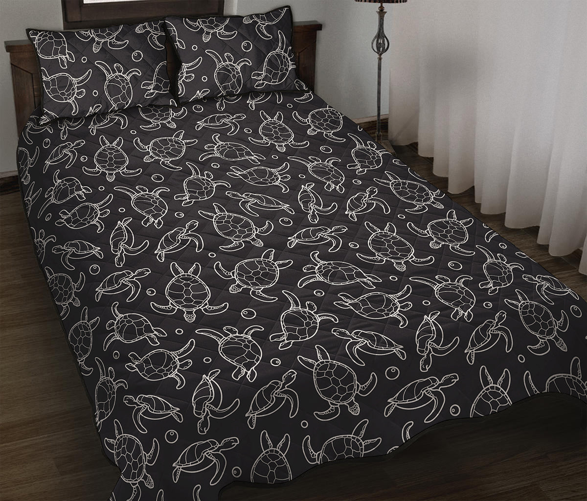 Black And White Sea Turtle Pattern Print Quilt Bed Set