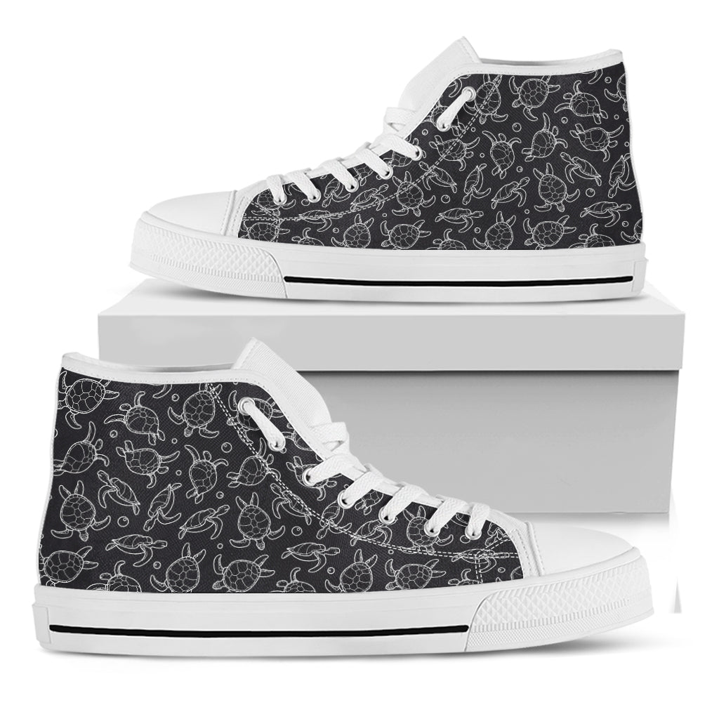 Black And White Sea Turtle Pattern Print White High Top Shoes