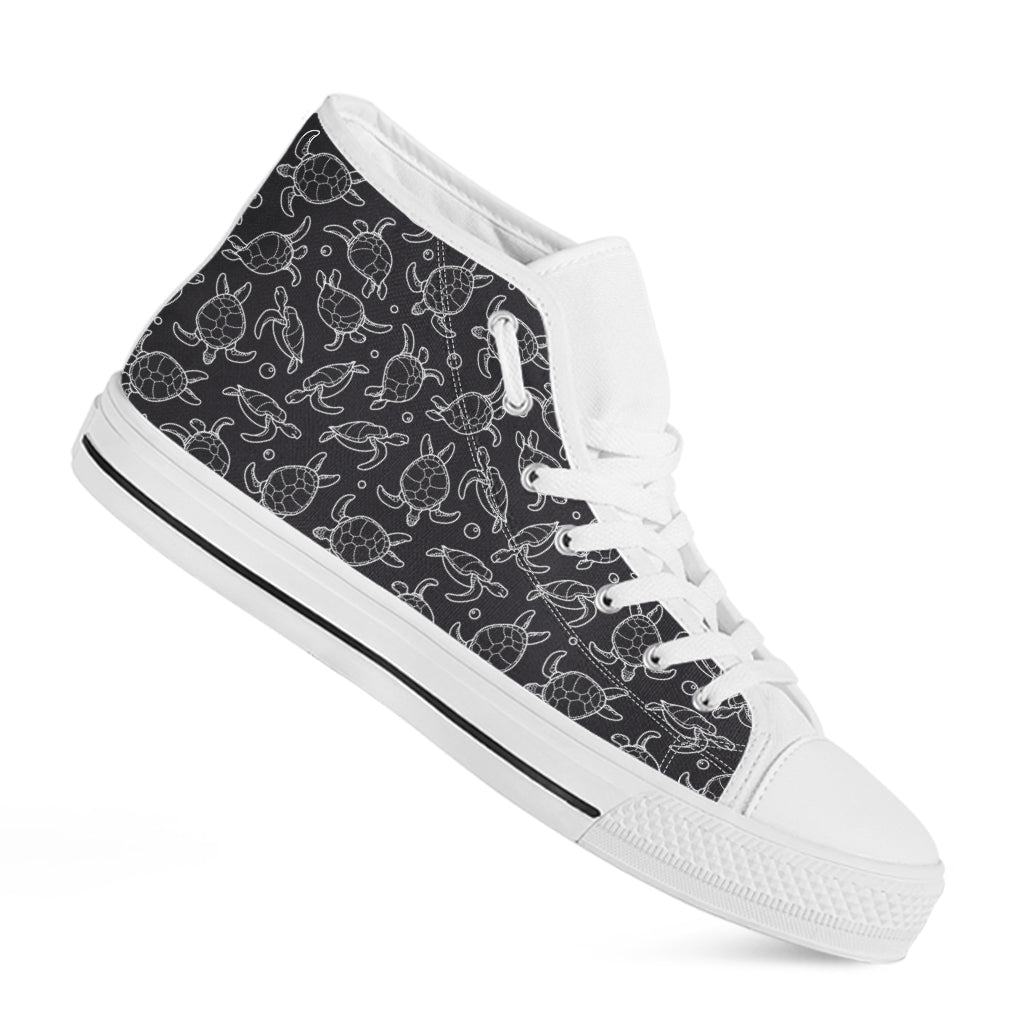 Black And White Sea Turtle Pattern Print White High Top Shoes