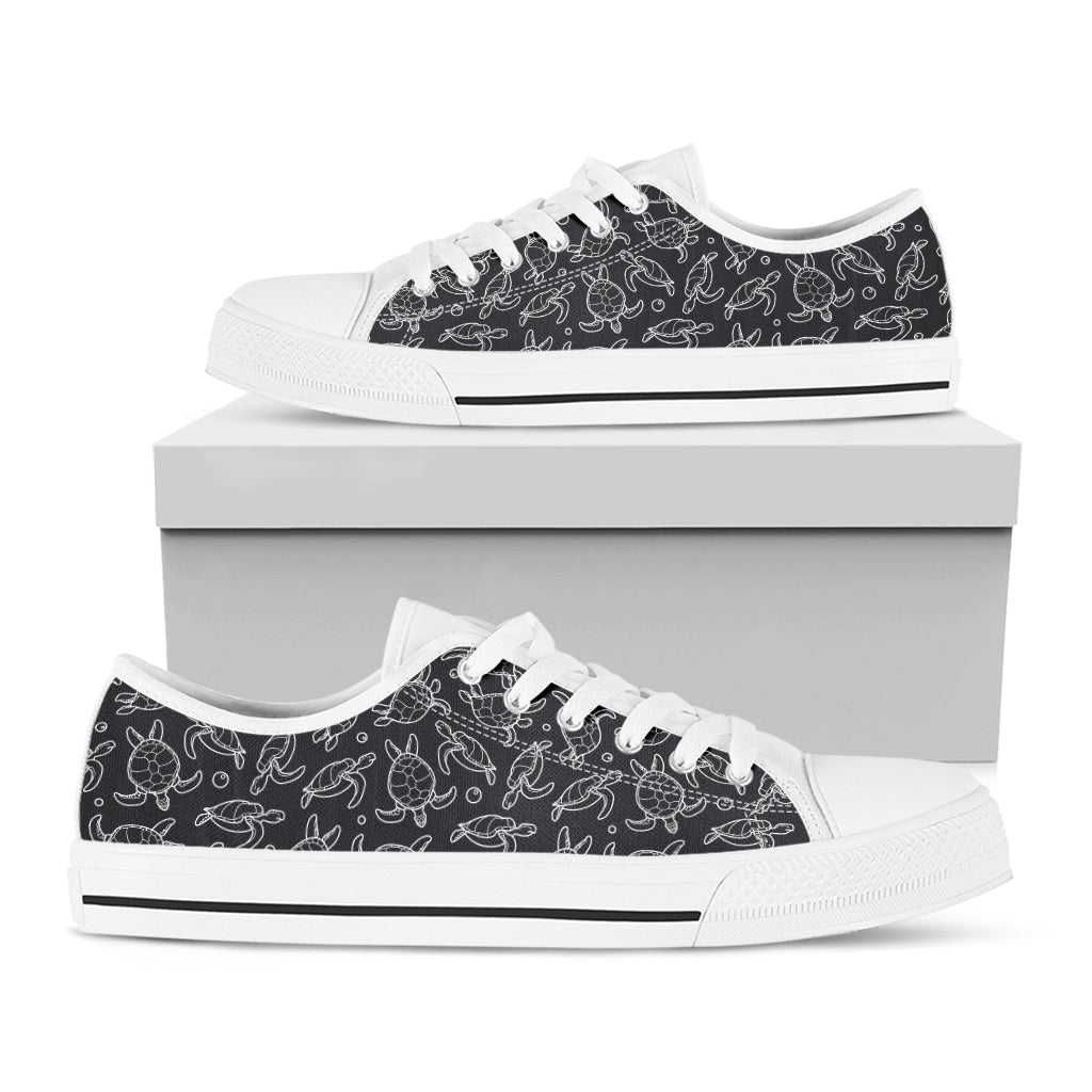 Black And White Sea Turtle Pattern Print White Low Top Shoes