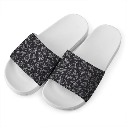 Black And White Sea Turtle Pattern Print White Slide Sandals