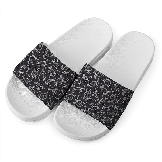 Black And White Sea Turtle Pattern Print White Slide Sandals