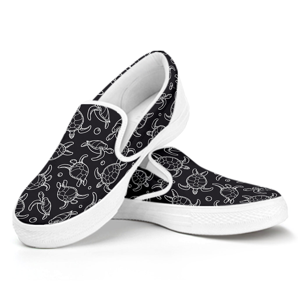 Black And White Sea Turtle Pattern Print White Slip On Shoes