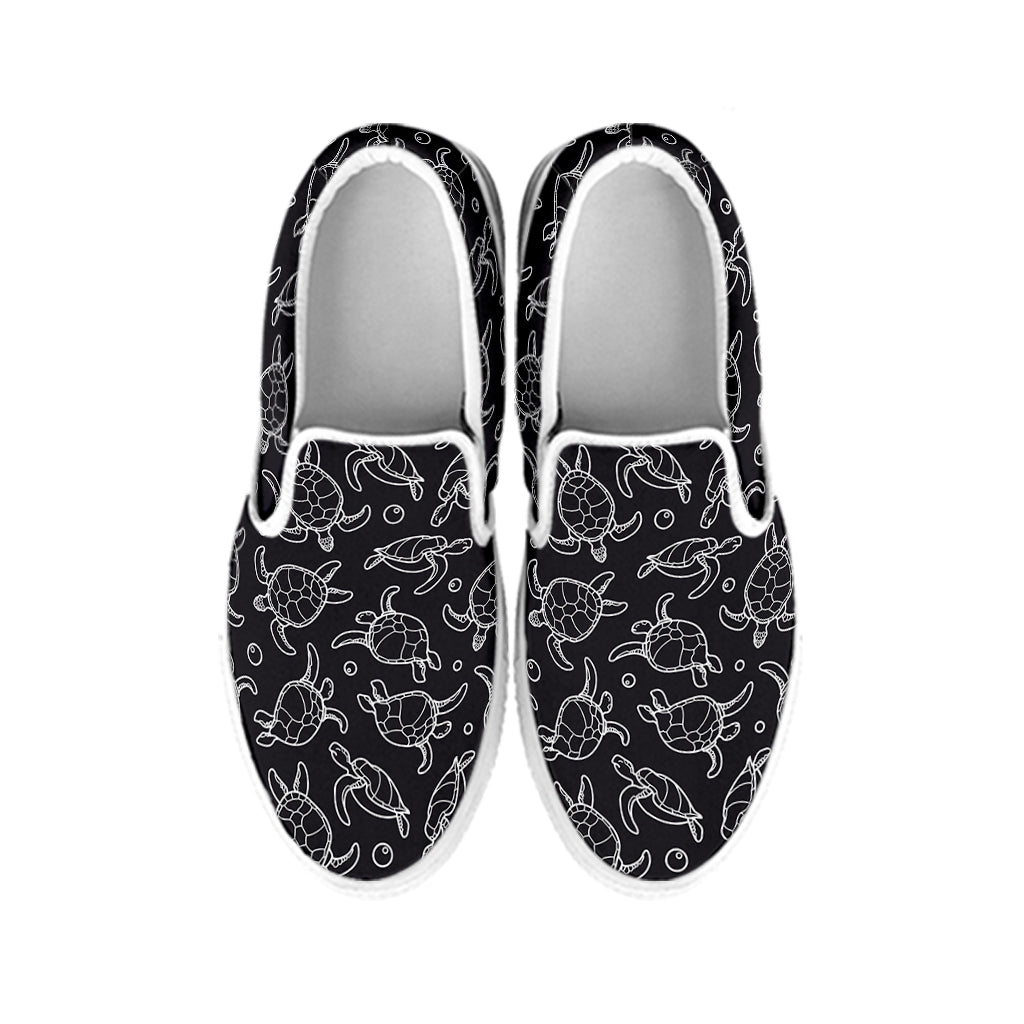 Black And White Sea Turtle Pattern Print White Slip On Shoes