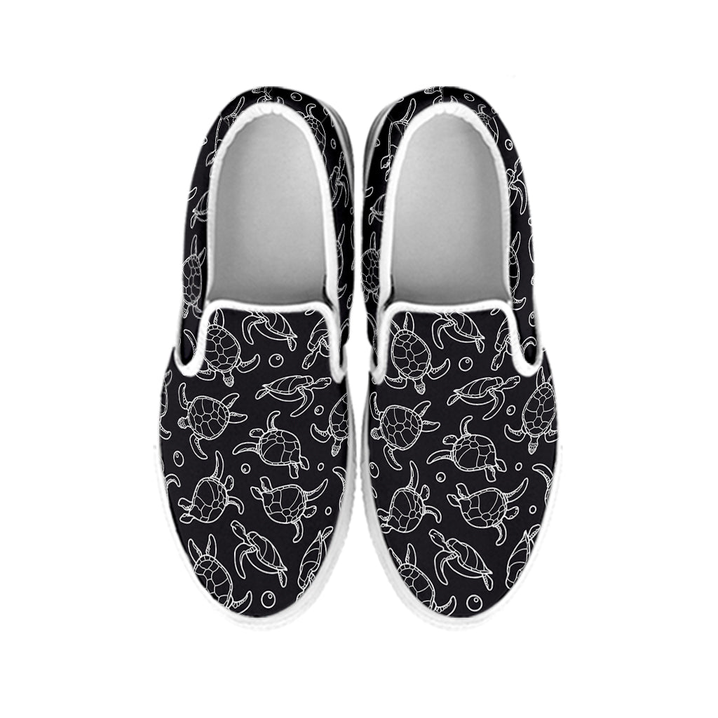 Black And White Sea Turtle Pattern Print White Slip On Shoes