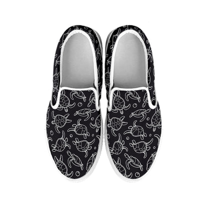 Black And White Sea Turtle Pattern Print White Slip On Shoes