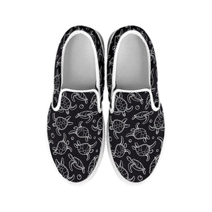 Black And White Sea Turtle Pattern Print White Slip On Shoes