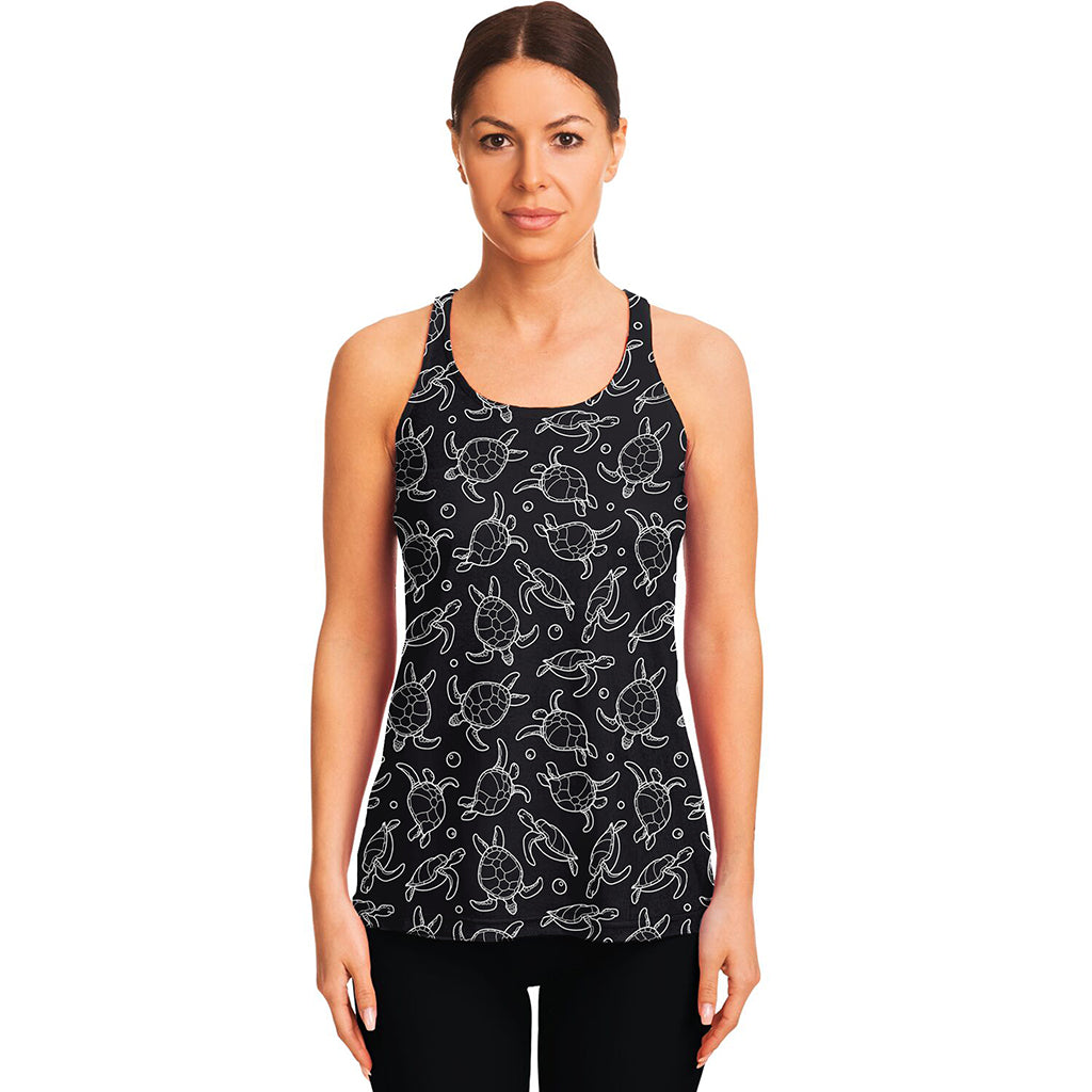 Black And White Sea Turtle Pattern Print Women's Racerback Tank Top