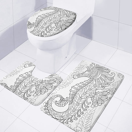 Black And White Seahorse Print 3 Piece Bath Mat Set
