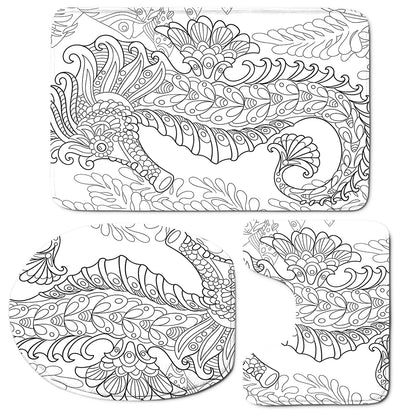 Black And White Seahorse Print 3 Piece Bath Mat Set