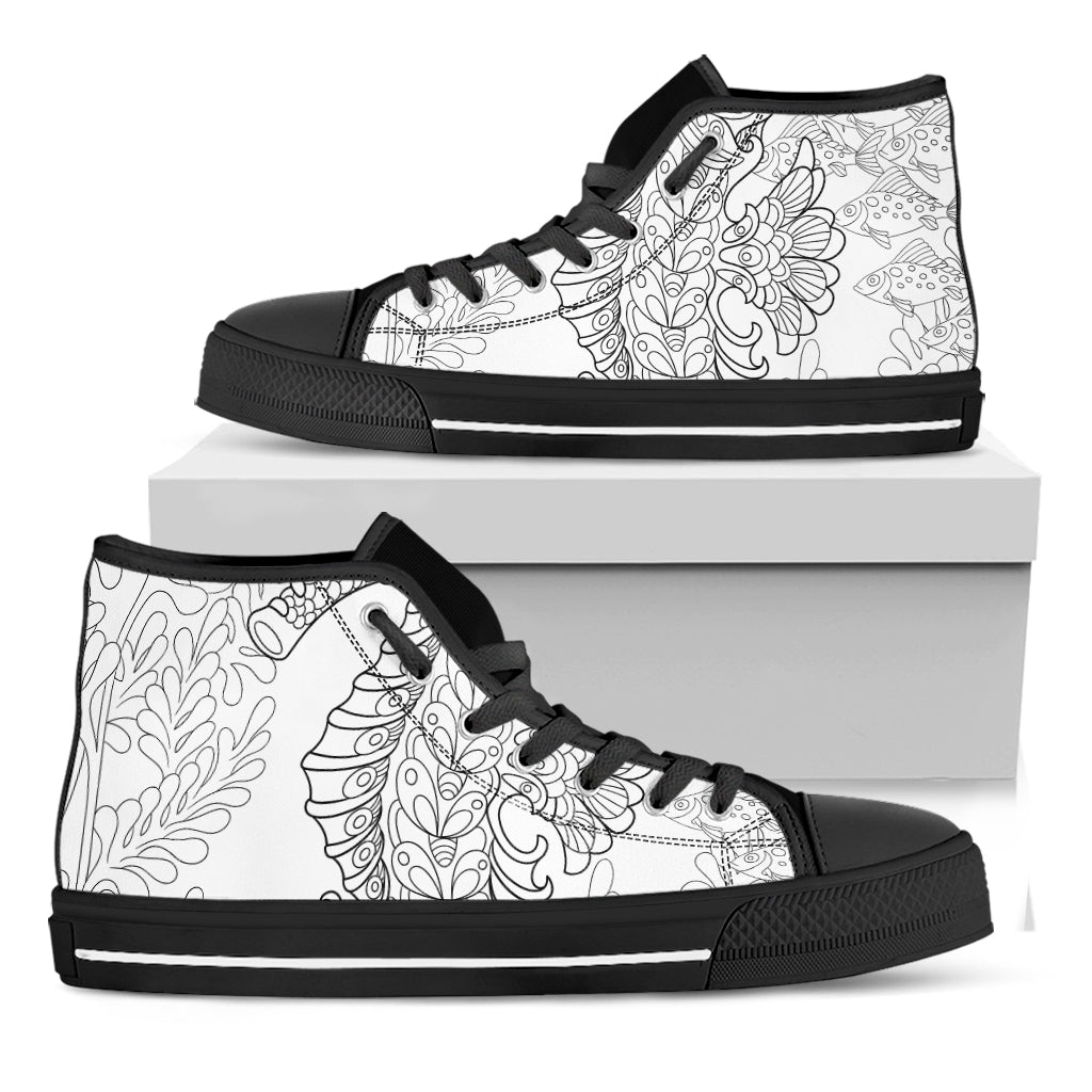 Black And White Seahorse Print Black High Top Shoes