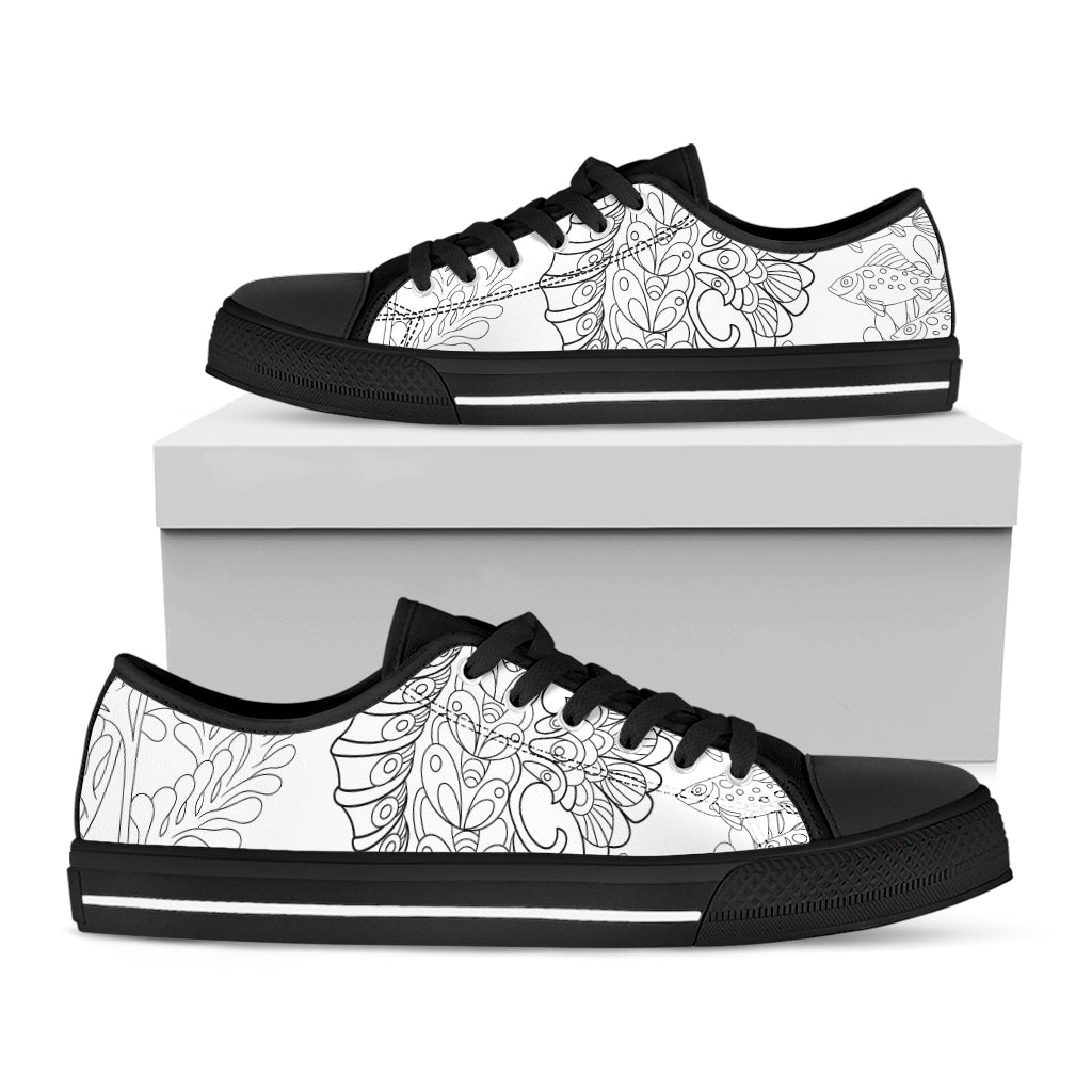 Black And White Seahorse Print Black Low Top Shoes