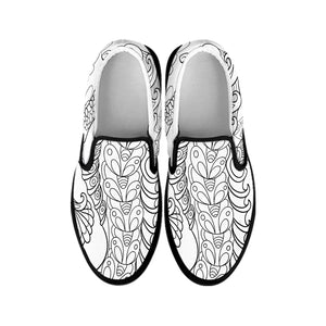 Black And White Seahorse Print Black Slip On Shoes