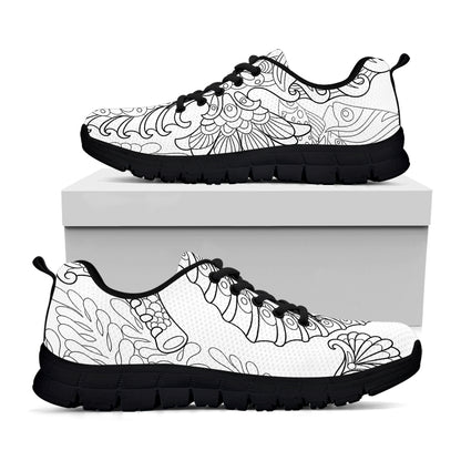 Black And White Seahorse Print Black Sneakers