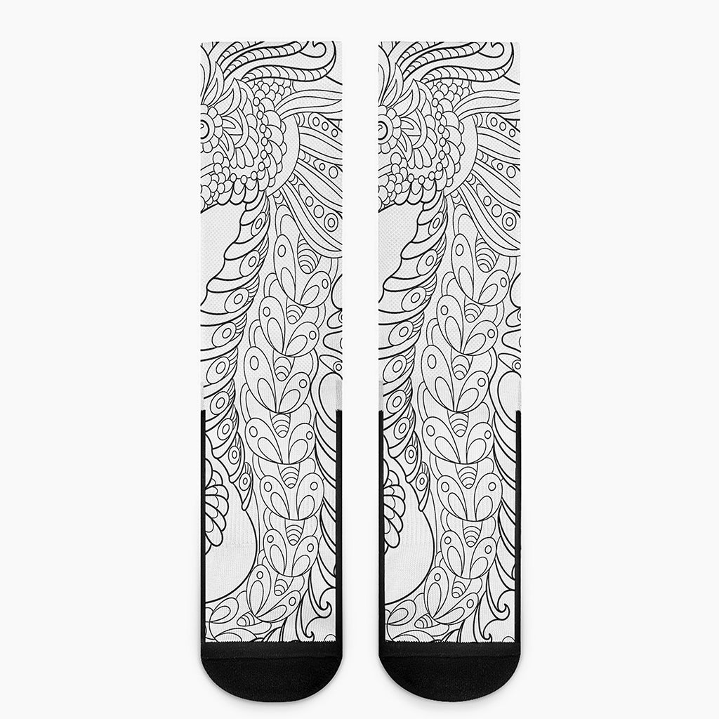 Black And White Seahorse Print Crew Socks