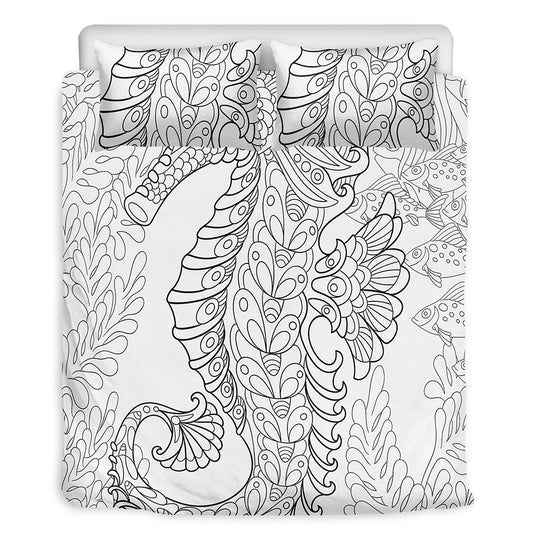 Black And White Seahorse Print Duvet Cover Bedding Set