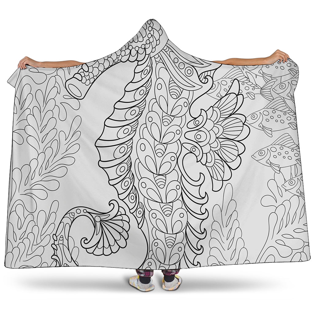 Black And White Seahorse Print Hooded Blanket