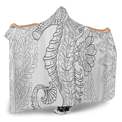 Black And White Seahorse Print Hooded Blanket