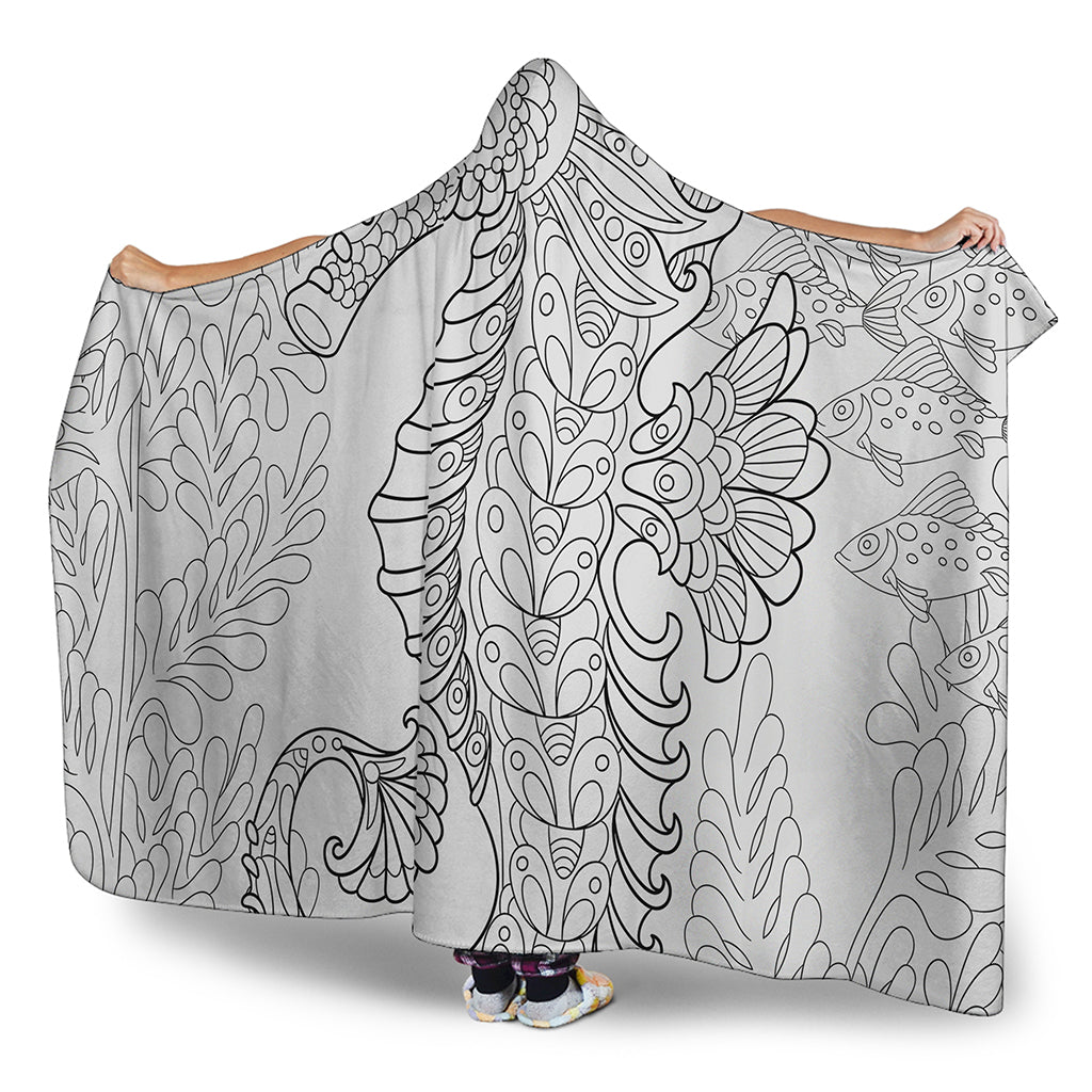 Black And White Seahorse Print Hooded Blanket