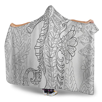 Black And White Seahorse Print Hooded Blanket