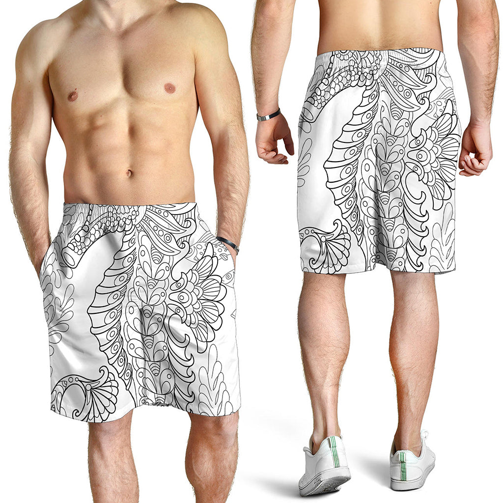 Black And White Seahorse Print Men's Shorts